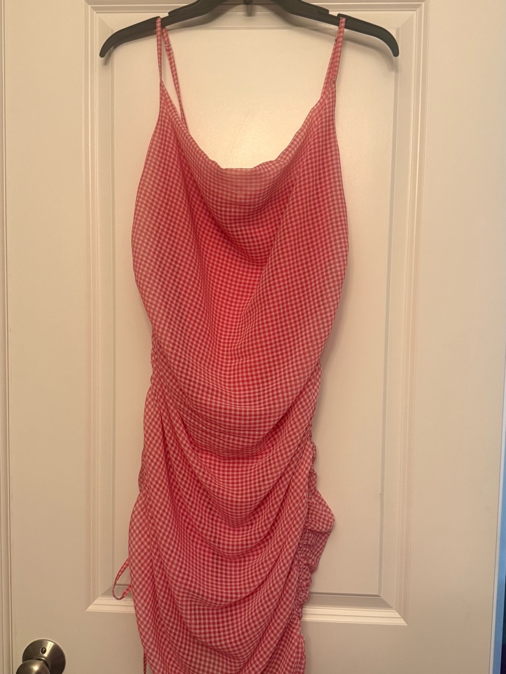 Bebe Red Gingham Cowl Neck Ruched Slip Dress